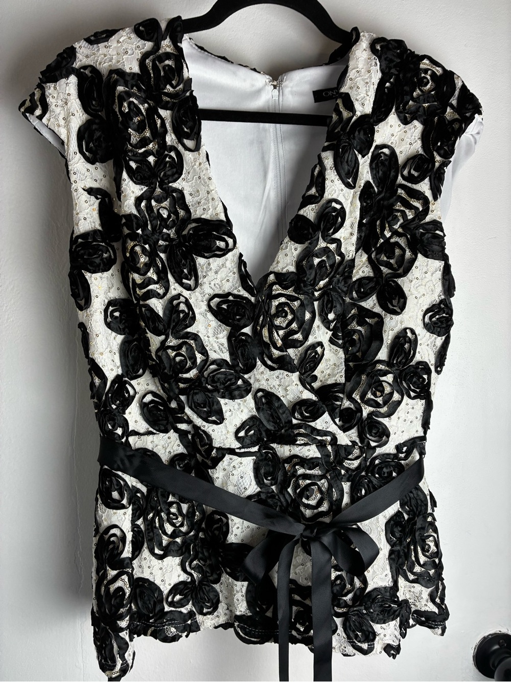 Onyx Nite Black and White Floral Appliqué Midi Top